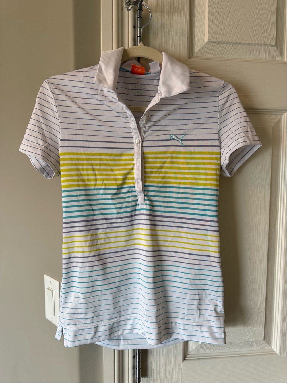 Puma White Polo with Yellow, Purple and Teal Stripe Accents